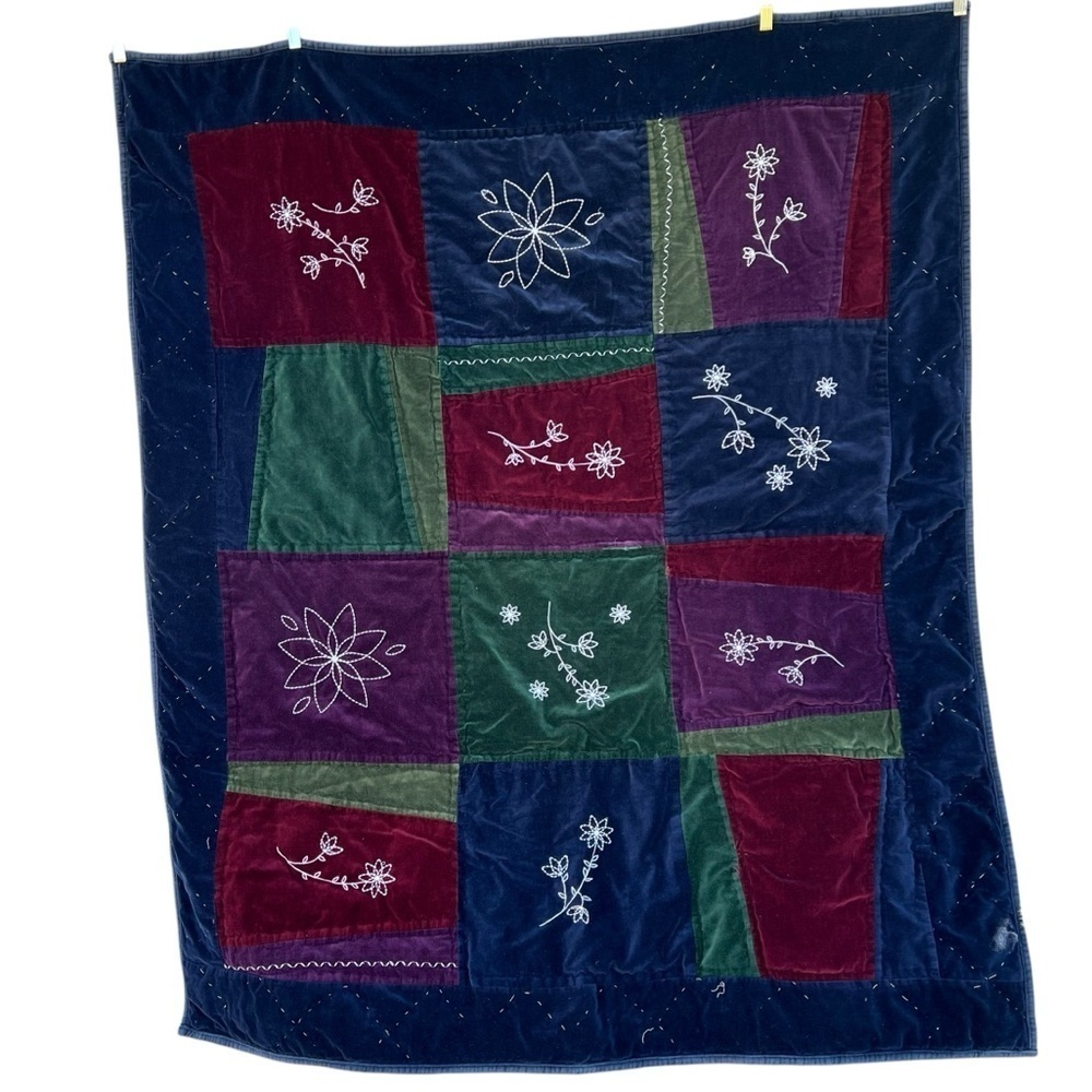Boho Velvet Patchwork Embroidered Throw Blanket Colorblock Floral 49x60 FLAWS